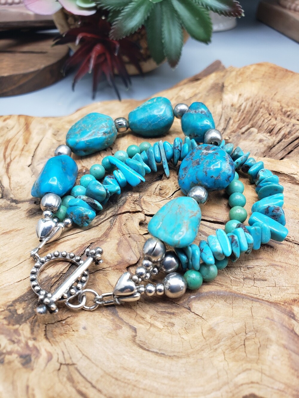 Turquoise Nuggets 3 Strands Bracelet w/ Sterling Accents & Toggle Southwestern